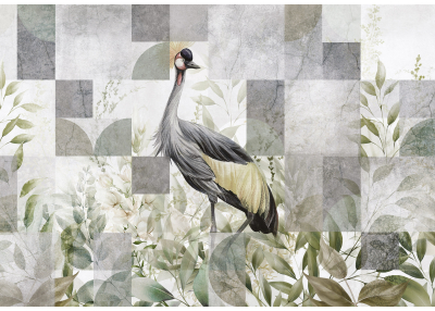 Фототапет Нежна илюстрация с жерав и ботанически елементи